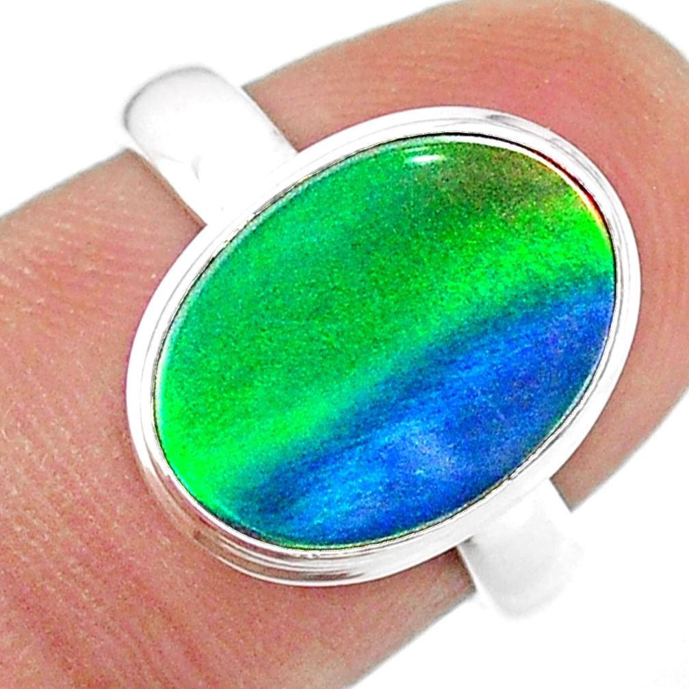 3.42cts solitaire volcano aurora opal (lab) 925 silver ring size 6.5 t25040