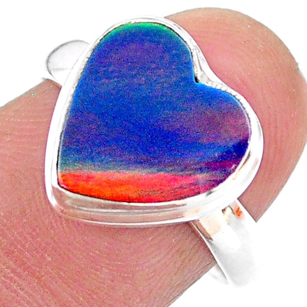 3.73cts solitaire volcano aurora opal (lab) heart 925 silver ring size 8 t25016