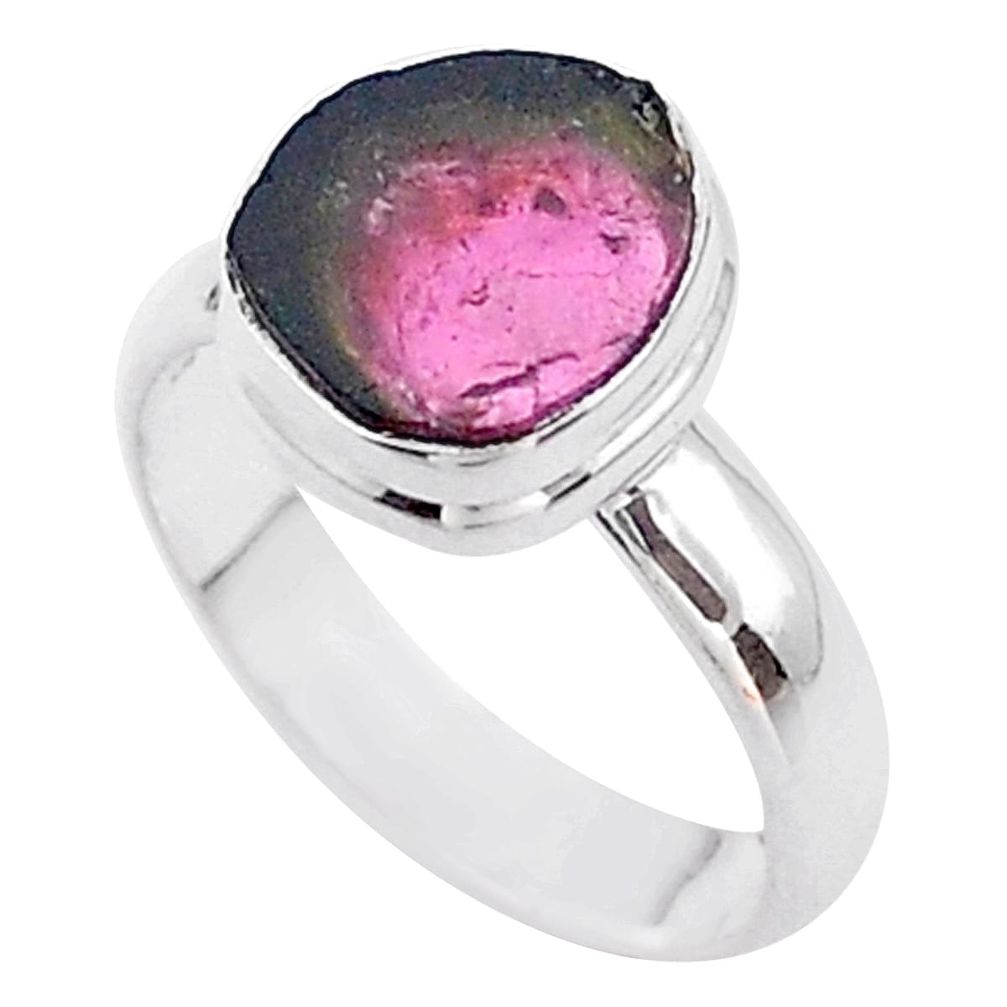 4.02cts solitaire watermelon tourmaline slice 925 silver ring size 6 t46295