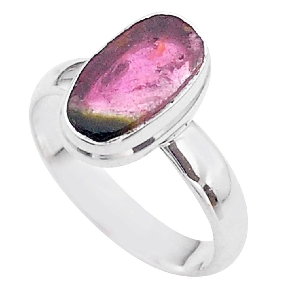 3.97cts solitaire watermelon tourmaline slice 925 silver ring size 7 t46292