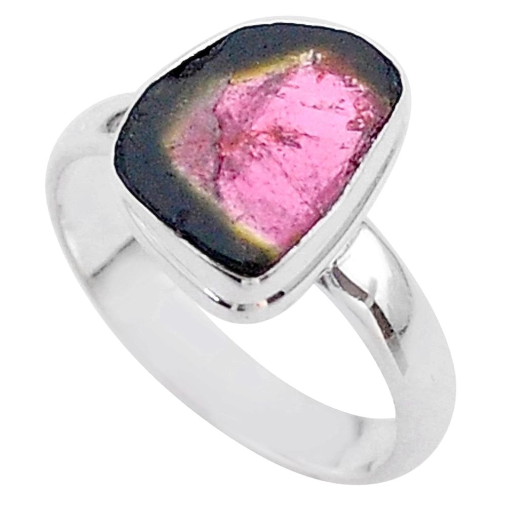4.69cts solitaire watermelon tourmaline slice 925 silver ring size 8 t46293