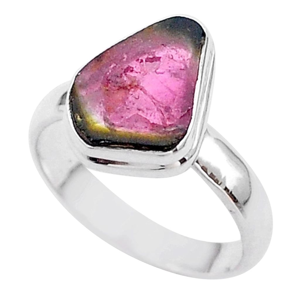 4.67cts solitaire watermelon tourmaline slice 925 silver ring size 8 t46297