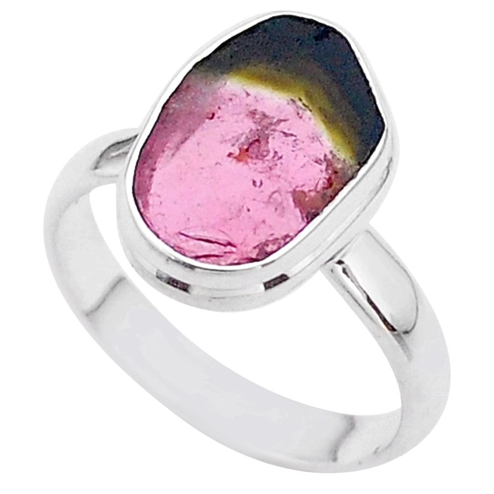 5.95cts solitaire watermelon tourmaline slice 925 silver ring size 8.5 t46281