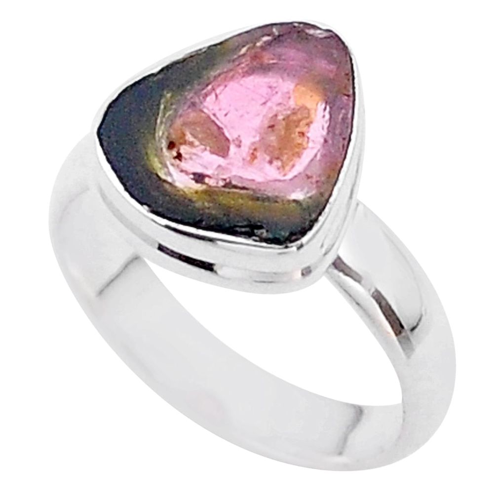 4.43cts solitaire watermelon tourmaline slice fancy silver ring size 6 t46290