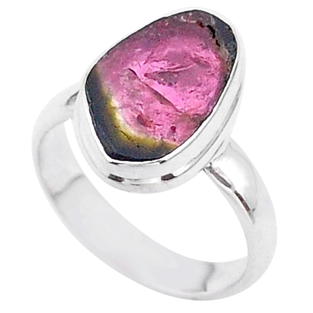 5.80cts solitaire watermelon tourmaline slice fancy silver ring size 6 t46307