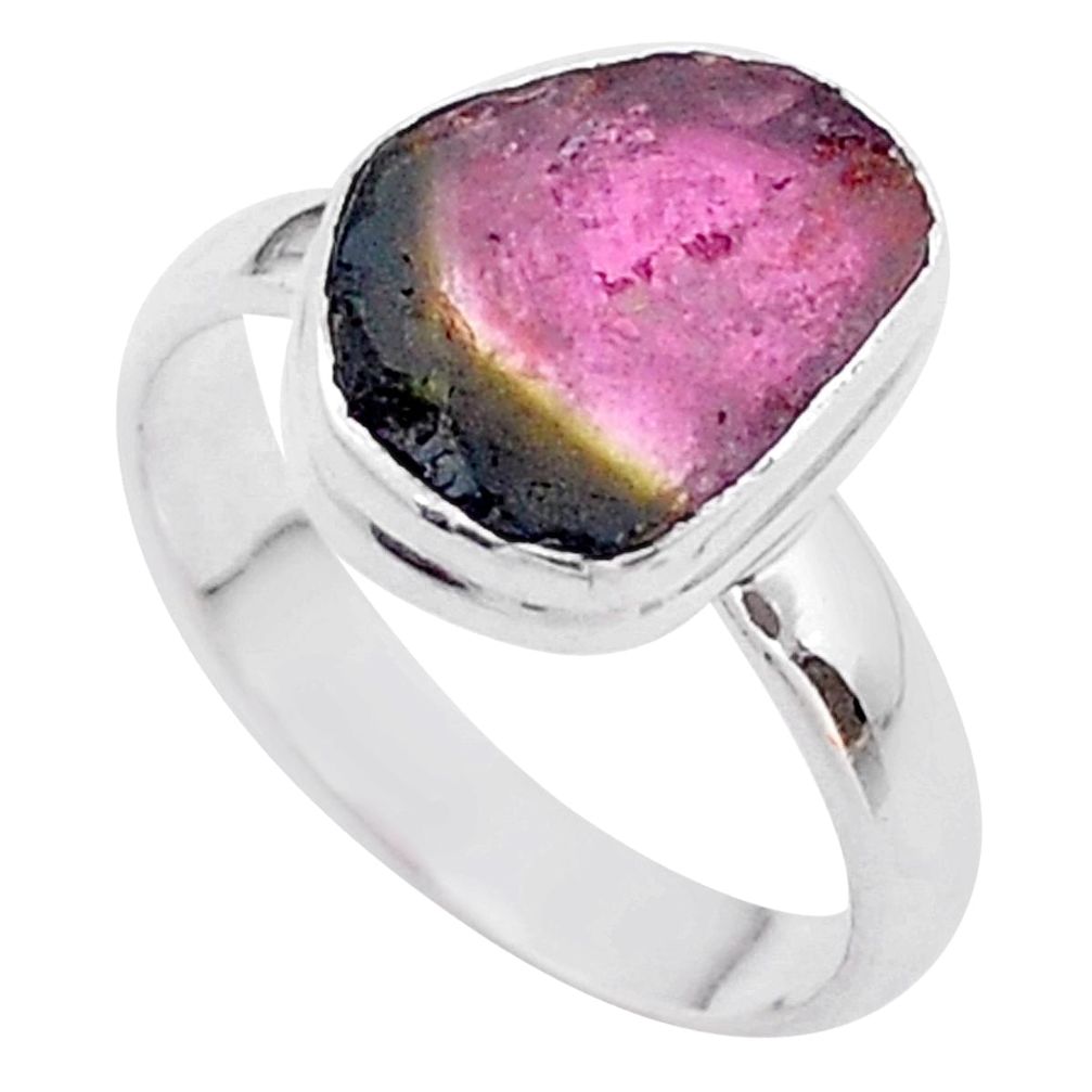 5.11cts solitaire watermelon tourmaline slice fancy silver ring size 8 t46288