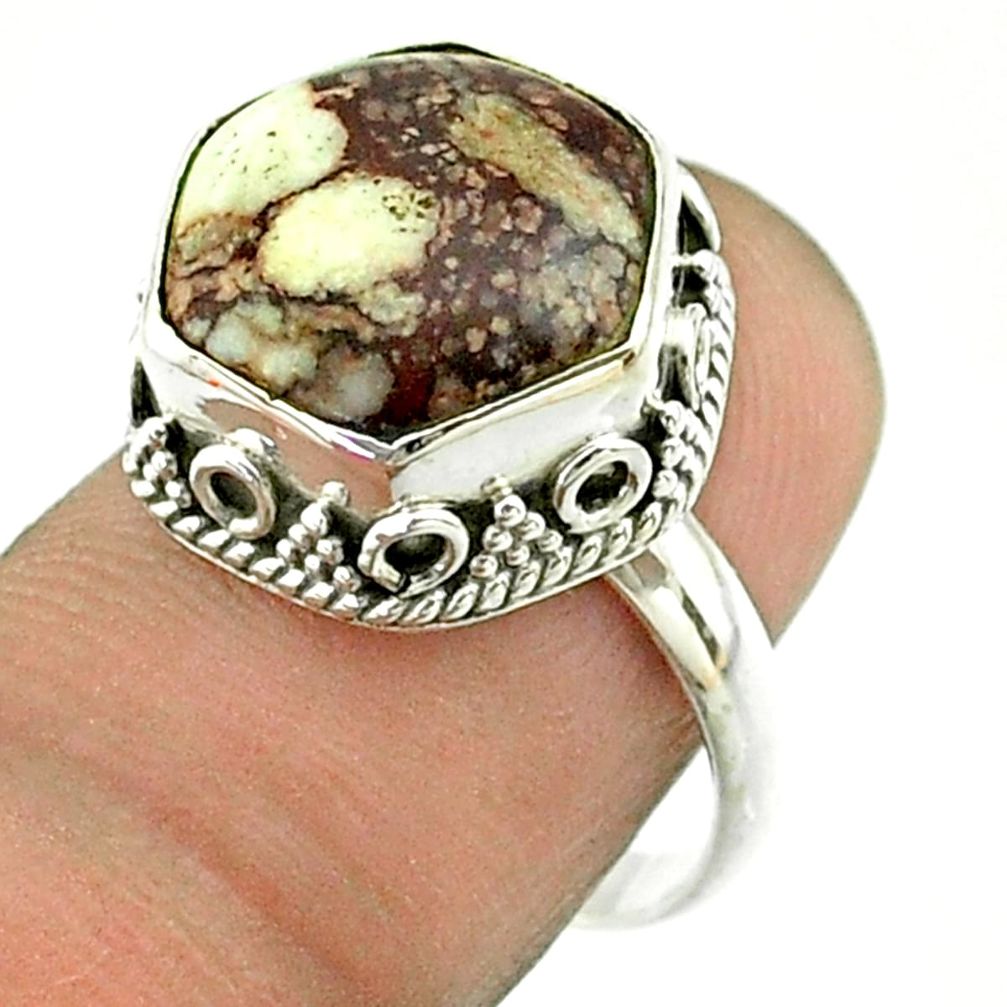 6.31cts solitaire wild horse magnesite hexagon 925 silver ring size 7.5 t55882