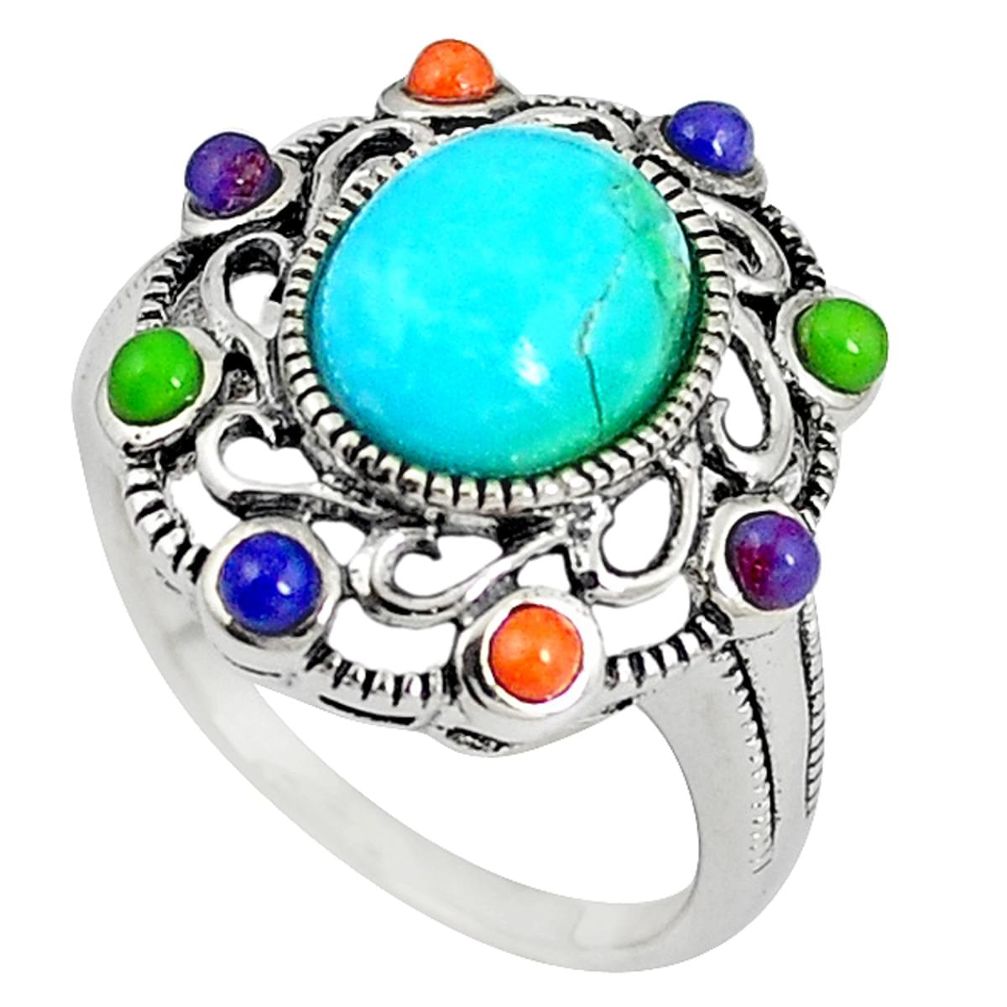 Southwestern multi color copper turquoise 925 silver ring size 7.5 c10330