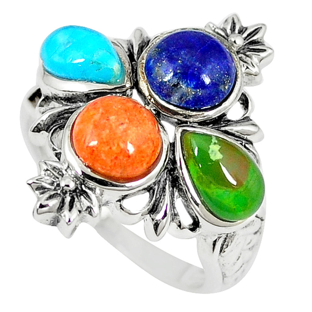 Southwestern multi color copper turquoise 925 silver ring size 6.5 c10349