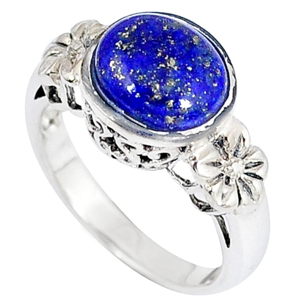 Southwestern natural blue lapis oval 925 silver flower ring size 6 c11489