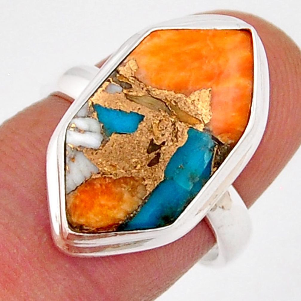 8.30cts spiny oyster arizona turquoise hexagon 925 silver ring size 7 y25434