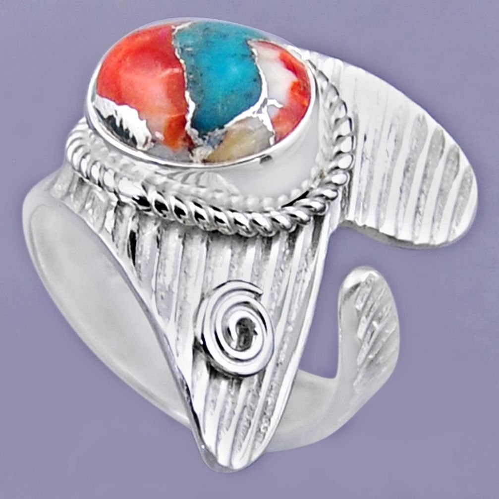 5.53cts spiny oyster arizona turquoise silver adjustable ring size 8.5 r54885