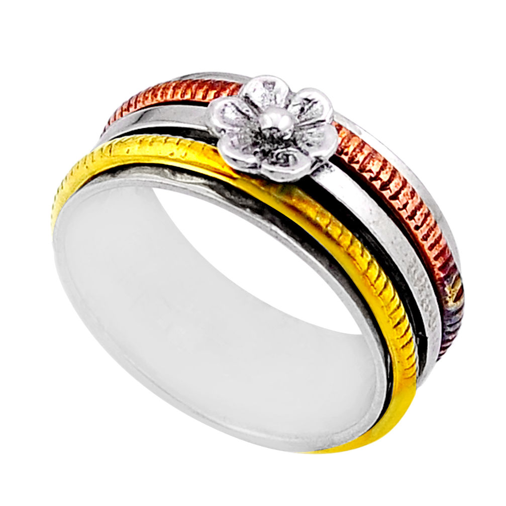 6.58gms stackable 925 silver two tone spinner flower band ring size 7.5 n49934