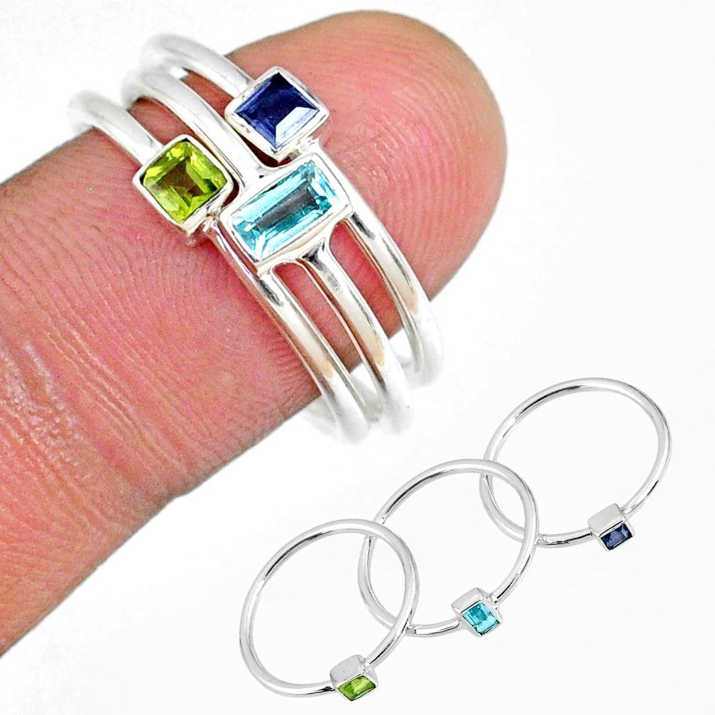 Stackable blue topaz iolite peridot 925 sterling silver 3 ring size 7 r59936