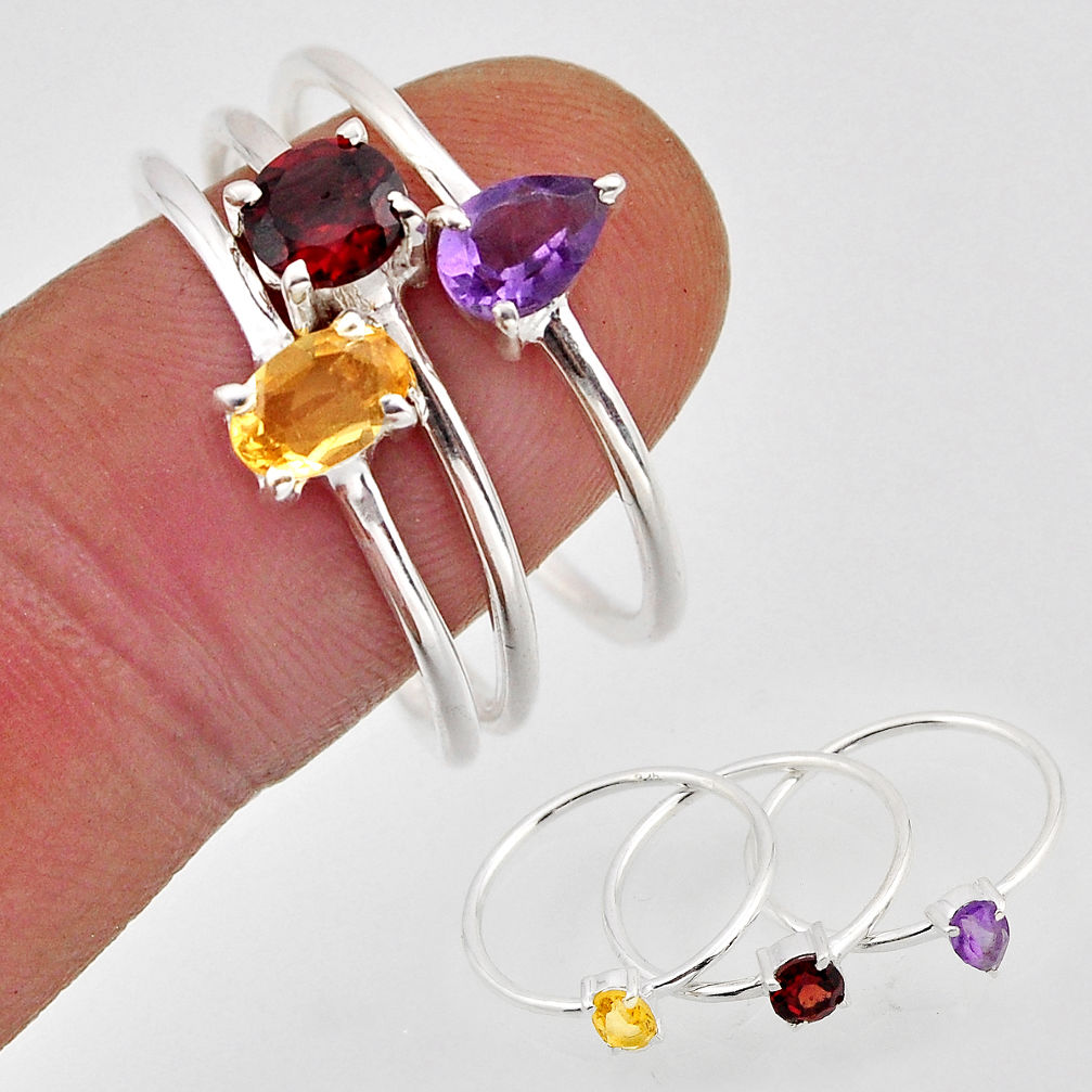 2.68cts stackable citrine garnet amethyst 925 silver 3 rings size 5.5 y94005