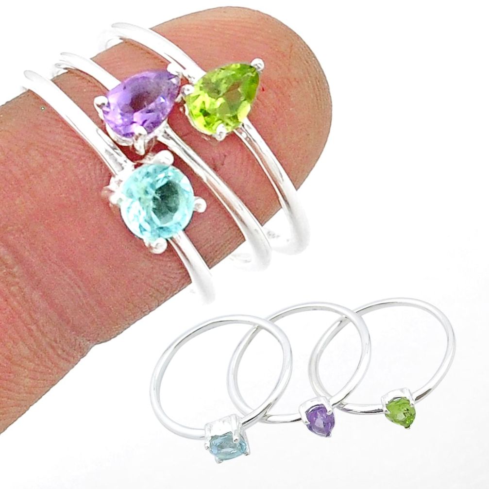 2.81cts stackable natural amethyst peridot topaz silver 3 rings size 8 u41477