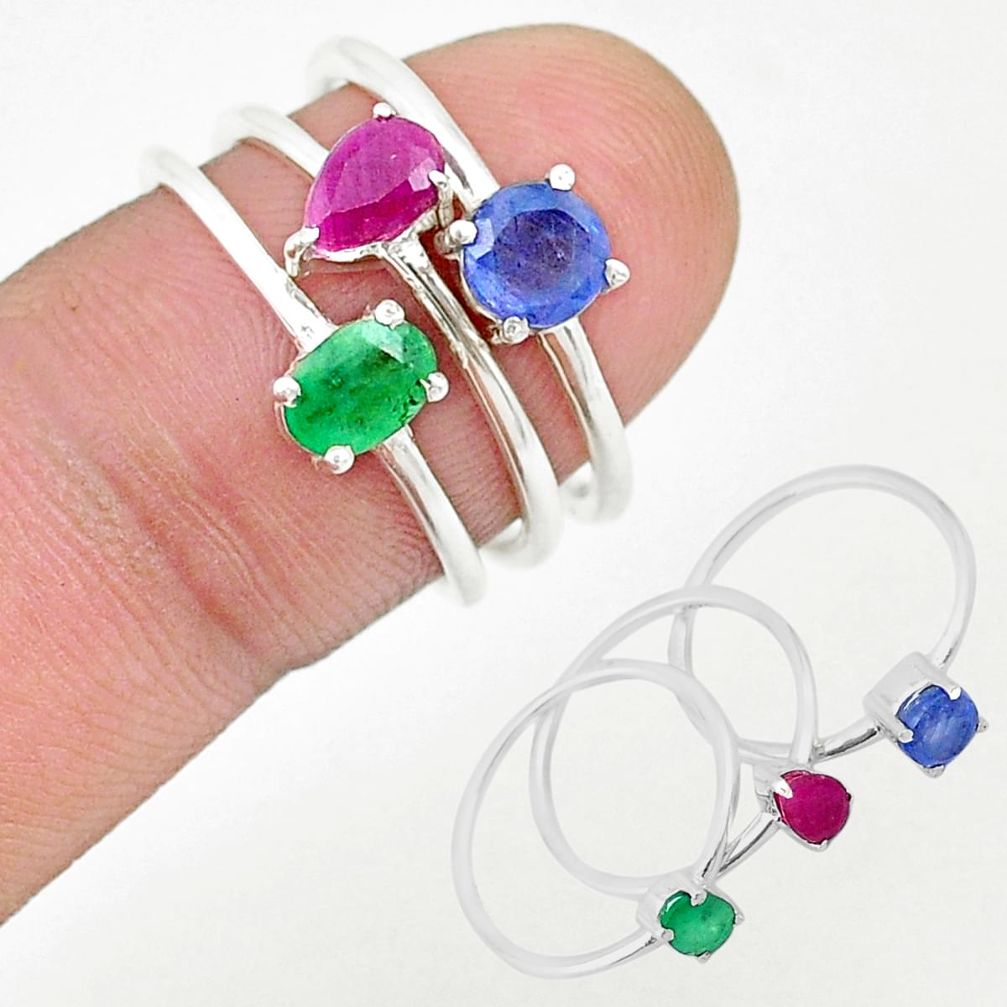 2.86cts stackable natural emerald ruby sapphire silver 3 rings size 6.5 u32925