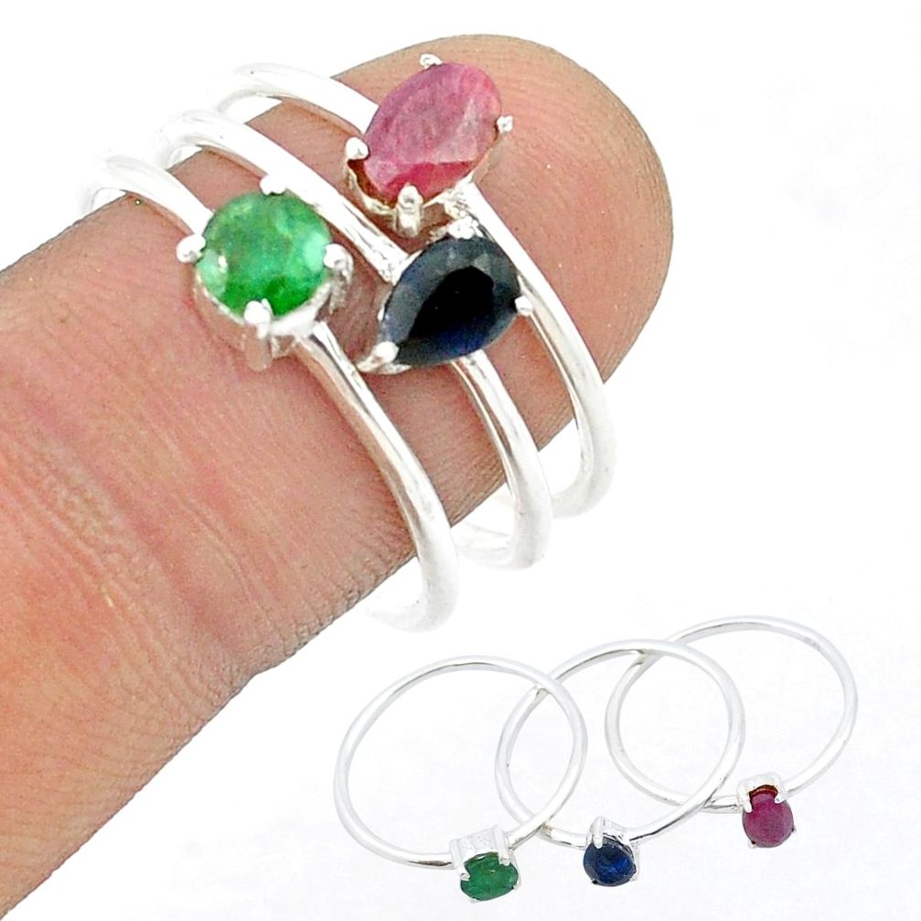 2.76cts stackable natural emerald sapphire ruby silver 3 rings size 9 u33217