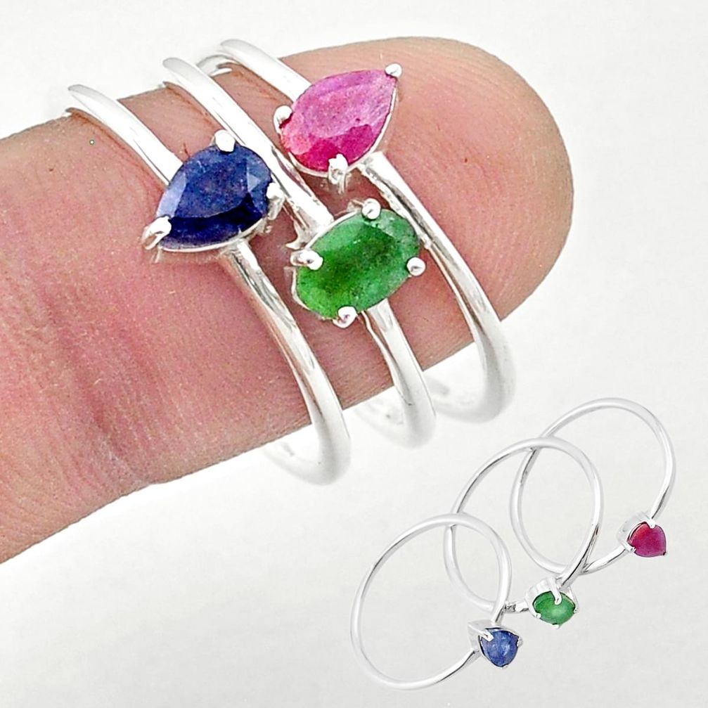 3.26cts stackable natural emerald sapphire ruby silver 3 rings size 9.5 u41386