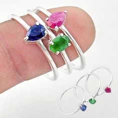 3.26cts stackable natural emerald sapphire ruby silver 3 rings size 9.5 u41386