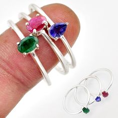 2.78cts stackable natural emerald sapphire ruby silver 3 rings size 9.5 y90846