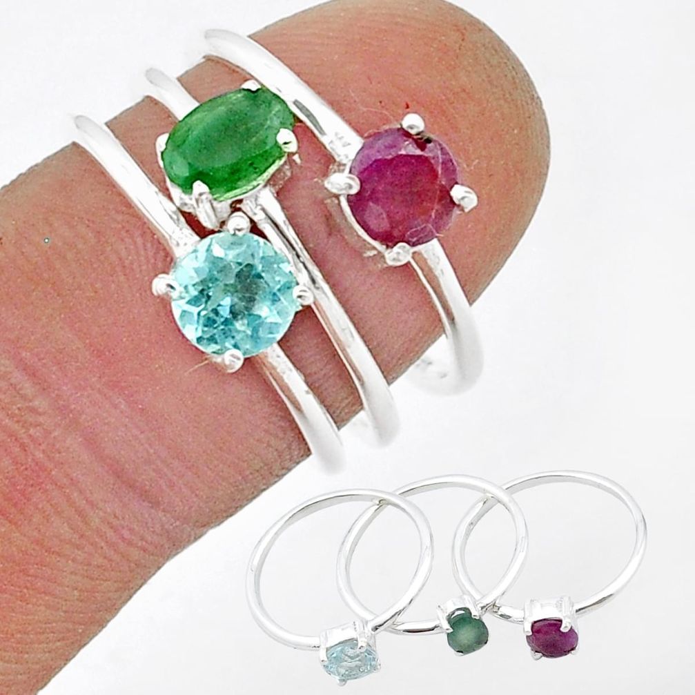 3.20cts stackable natural green emerald ruby topaz silver 3 rings size 7 u41253