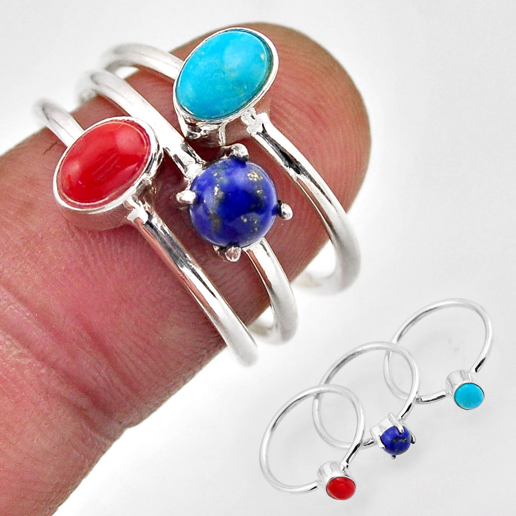 2.98cts stackable natural lapis lazuli coral 925 silver 3 rings size 6 y94515