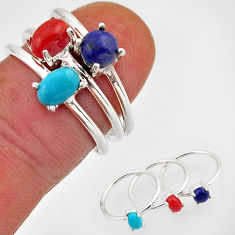 3.14cts stackable natural lapis lazuli coral 925 silver 3 rings size 6.5 y94521