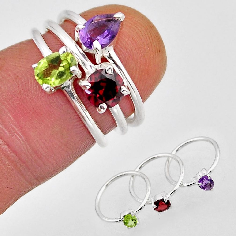 2.74cts stackable natural peridot amethyst garnet silver 3 rings size 4.5 n3528