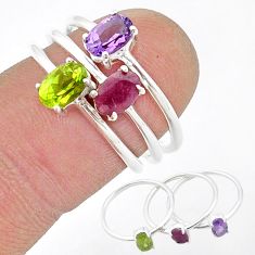 2.81cts stackable natural red ruby amethyst peridot silver 3 rings size 7 u41251