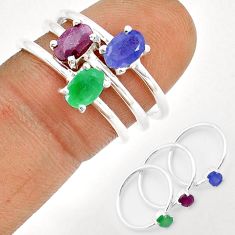 2.97cts stackable natural red ruby emerald sapphire silver 3 ring size 7 y1224
