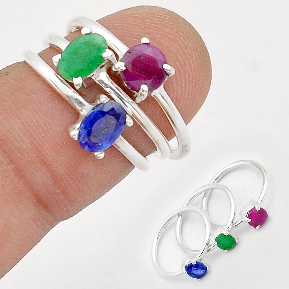 2.81cts stackable natural sapphire emerald ruby 925 silver 3 rings size 5 u69093