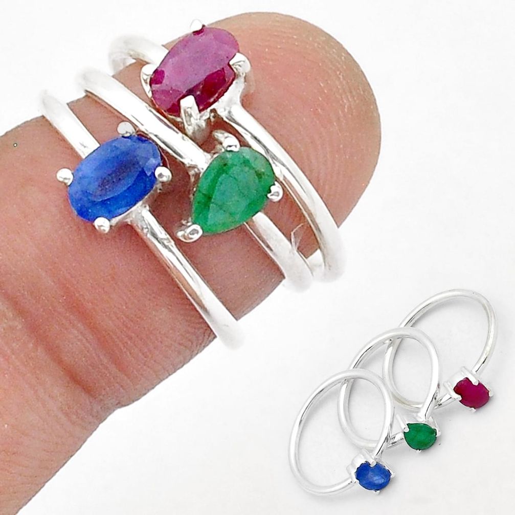 2.81cts stackable natural sapphire emerald ruby 925 silver 3 rings size 5 u69105