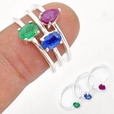 2.97cts stackable natural sapphire emerald ruby 925 silver 3 rings size 7 u69117