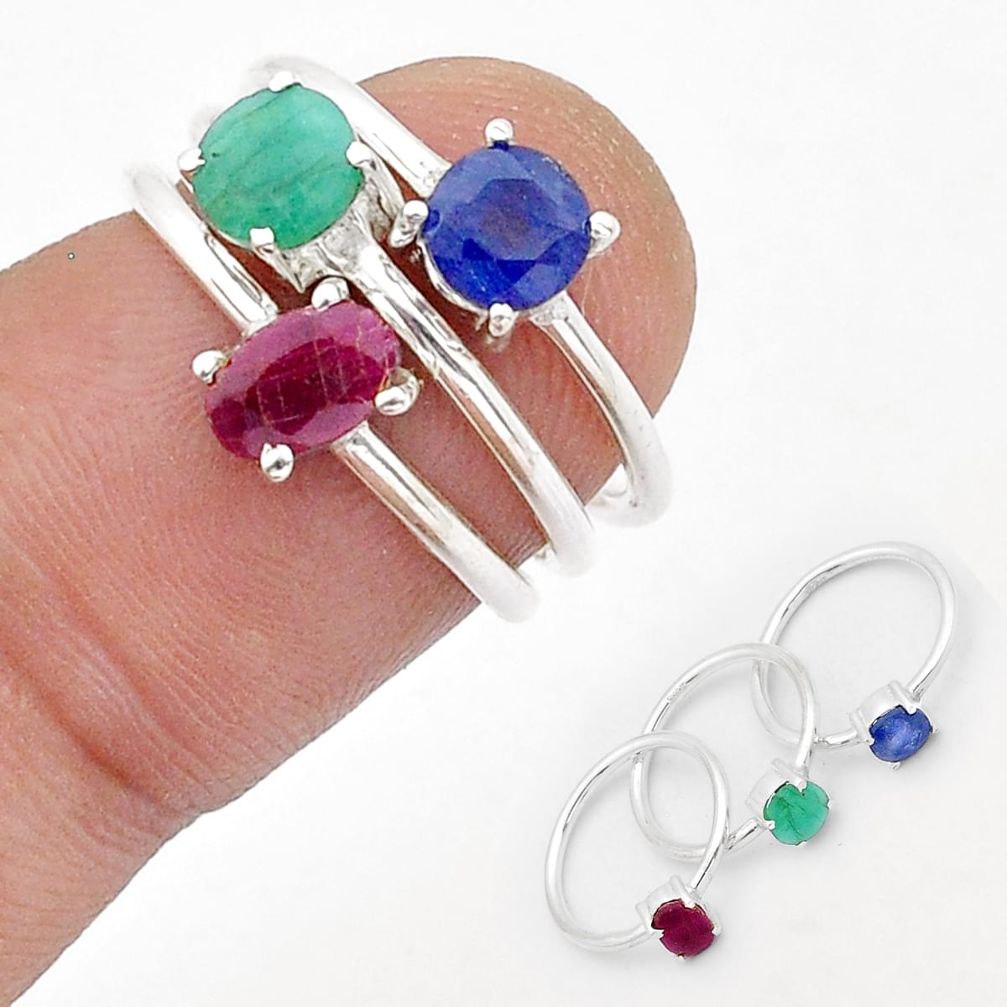 2.86cts stackable natural sapphire emerald ruby silver 3 rings size 4.5 u69109
