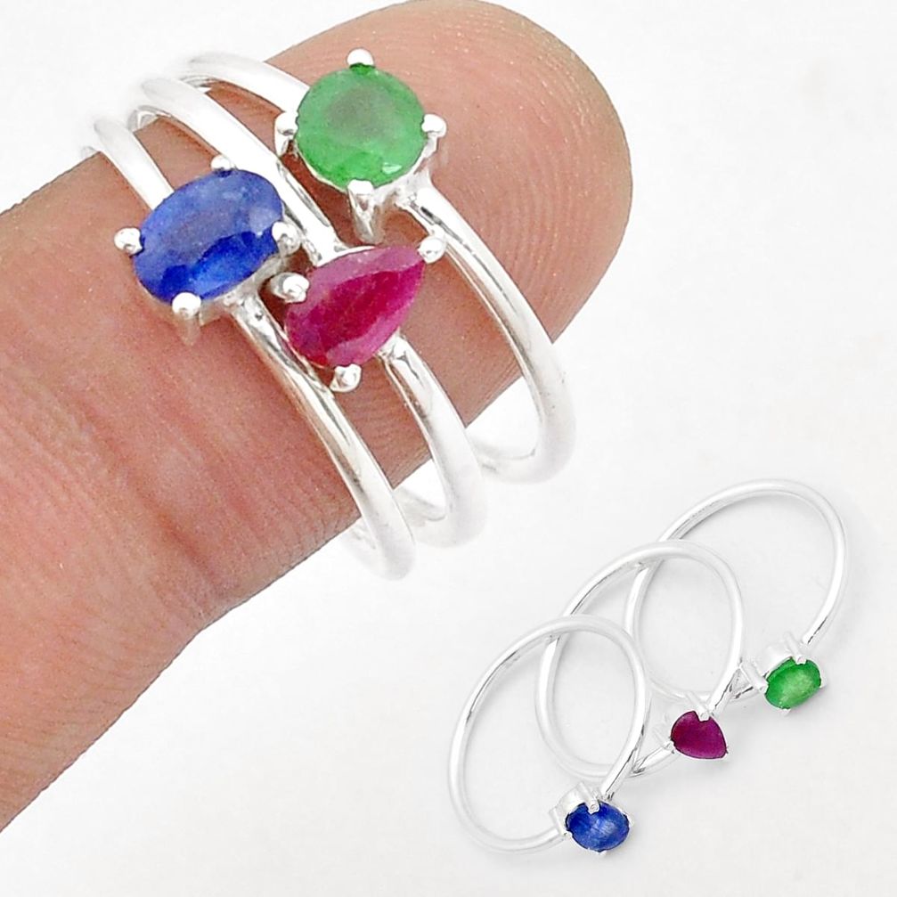 3.28cts stackable natural sapphire emerald ruby silver 3 rings size 8.5 u69110