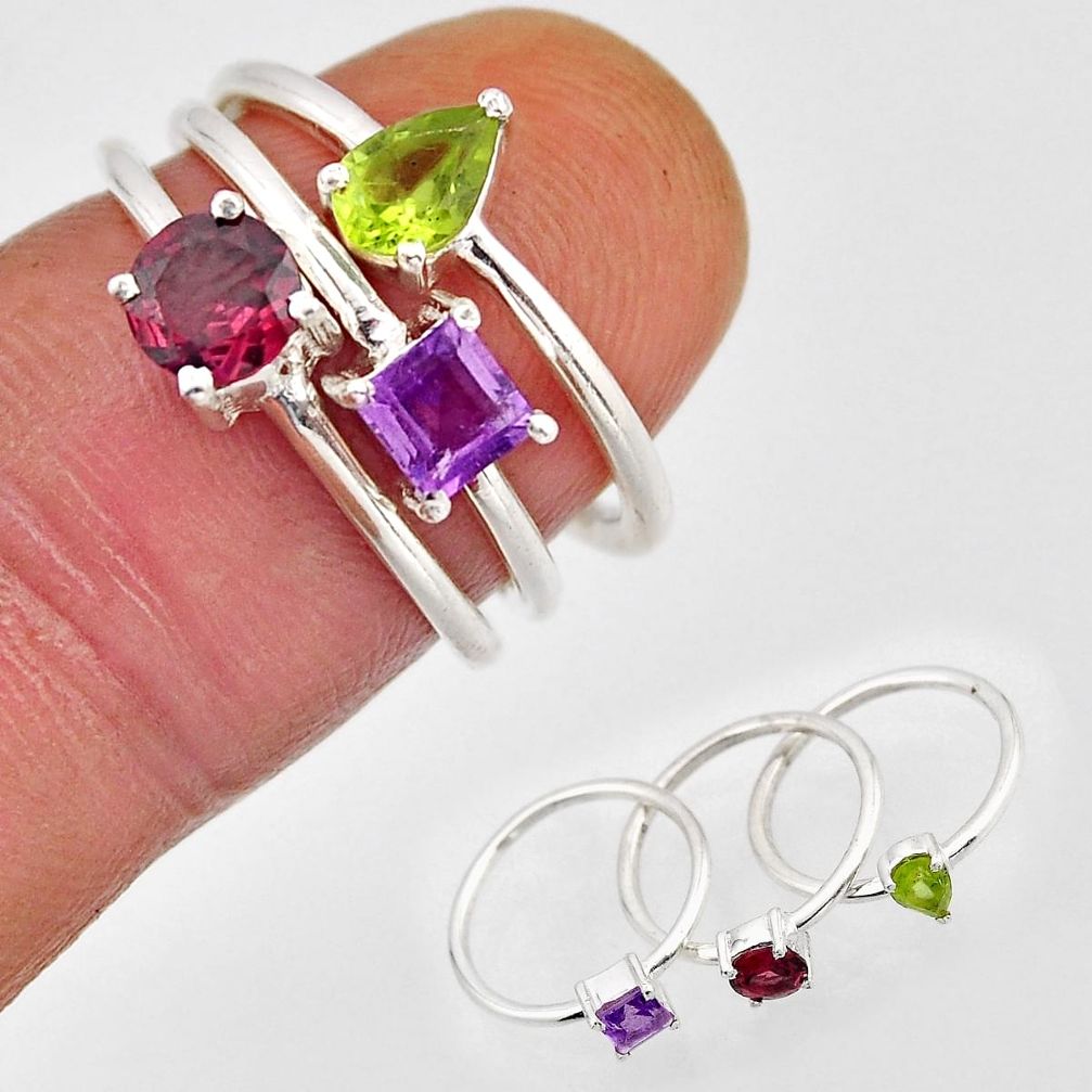2.32cts stackable peridot amethyst red garnet 925 silver 3 rings size 5.5 n3508