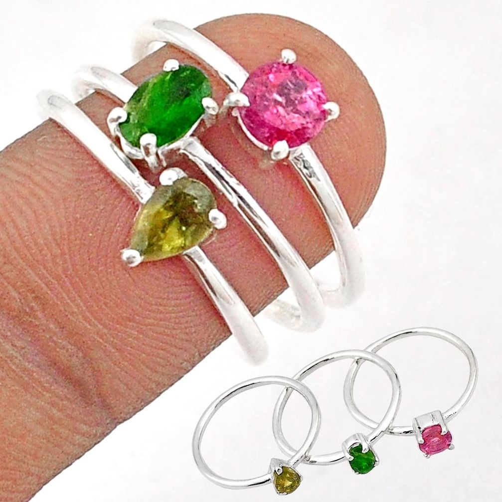 2.99cts stackable red green yellow tourmaline 925 silver 3 rings size 7.5 t87027