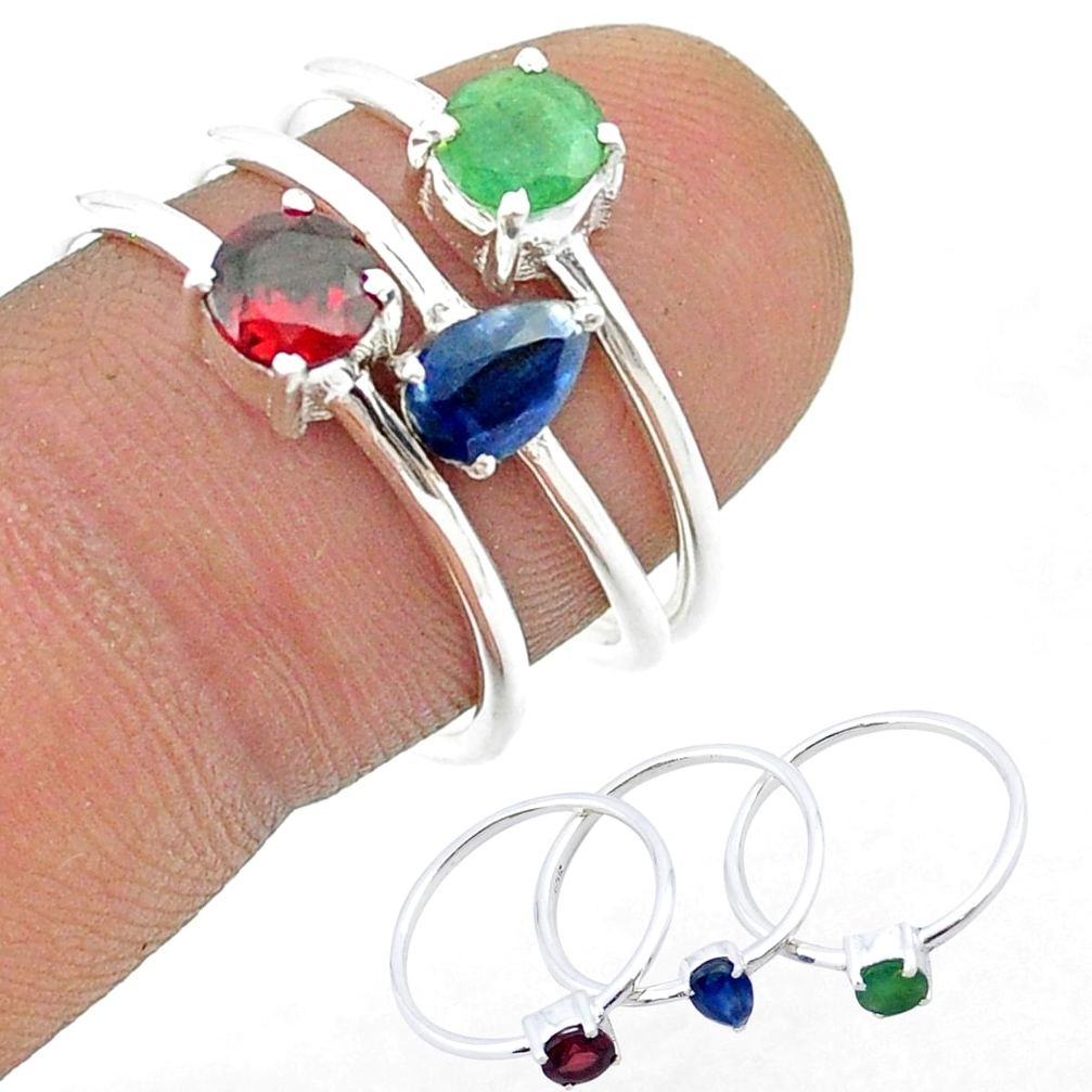 2.79cts stackable sapphire emerald garnet 925 silver 3 rings size 8 u33057