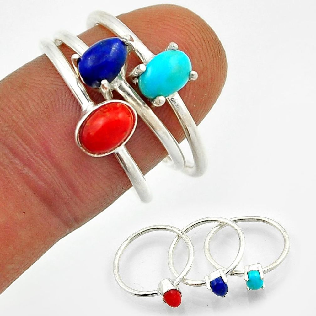Stackable sleeping beauty turquoise coral lapis silver 3 rings size 6.5 n20964