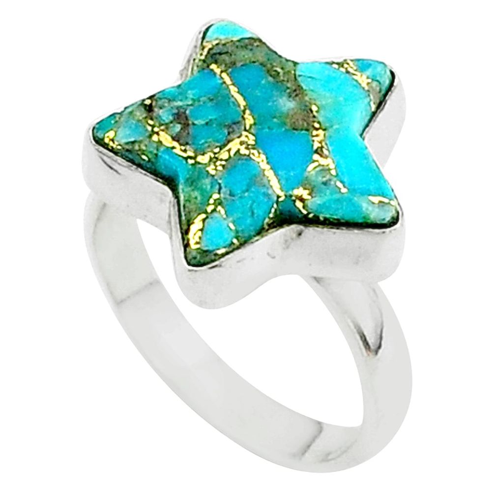 5.63cts star blue copper turquoise 925 sterling silver ring size 6.5 t50581