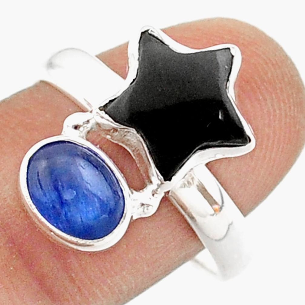 7.60cts star natural black onyx kyanite 925 sterling silver ring size 9.5 t63226
