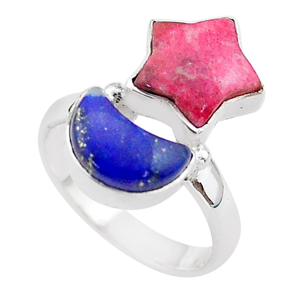 9.18cts star with moon natural thulite lapis lazuli silver ring size 7 t68871