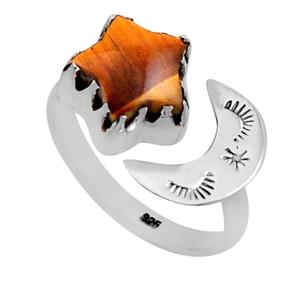 5.24cts star with moon natural tiger's eye 925 silver adjustable ring n12666