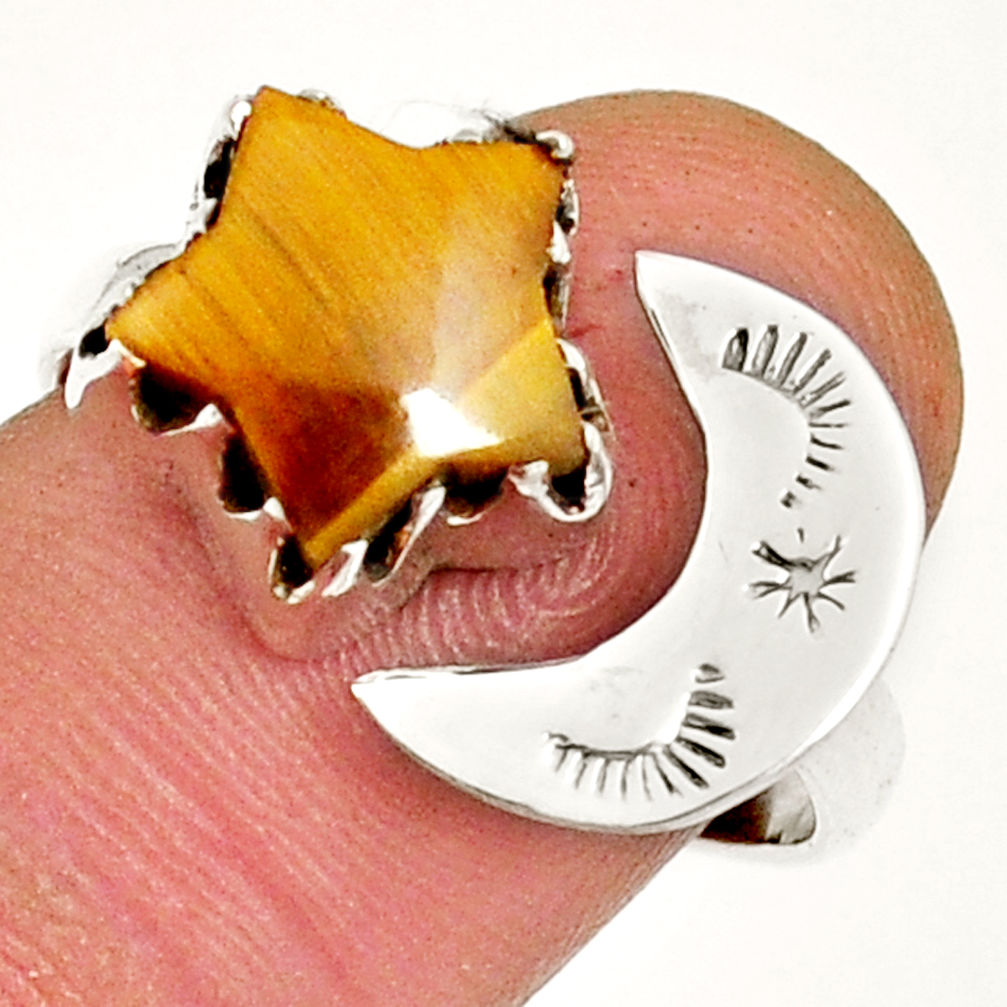 4.67cts star with moon natural tiger's eye silver adjustable ring size 8 y4668