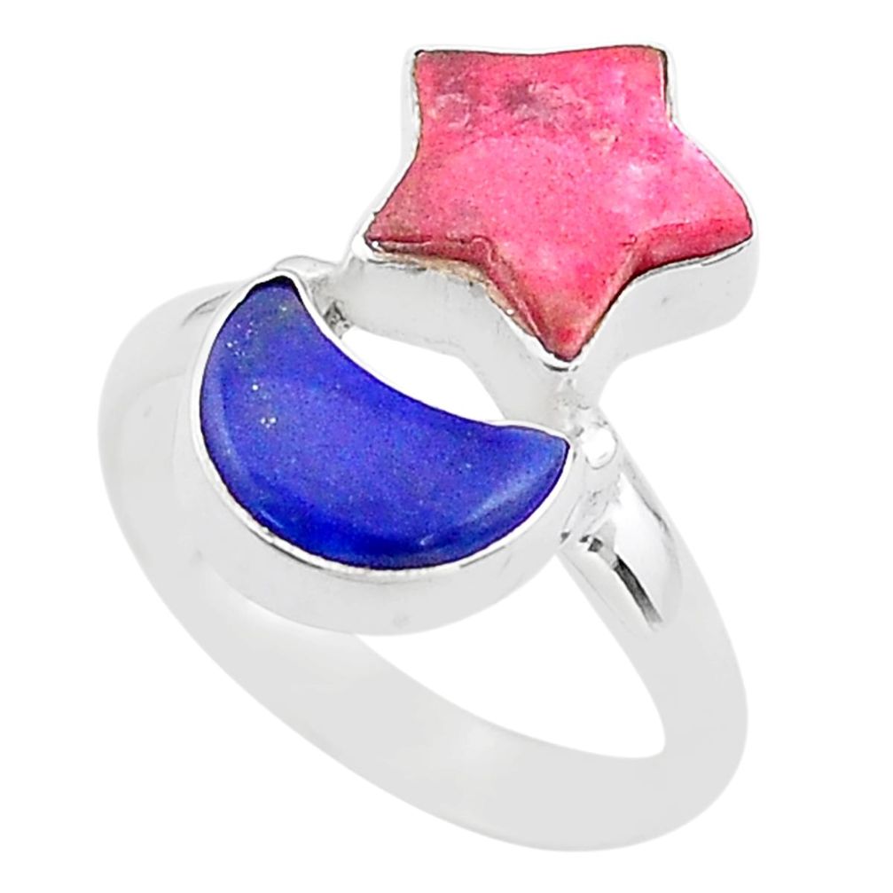 9.18cts star with moon pink thulite lapis lazuli 925 silver ring size 8 t68883