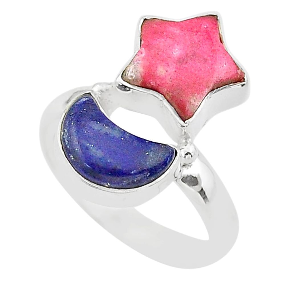 9.18cts star with moon pink thulite lapis lazuli 925 silver ring size 7.5 t68881
