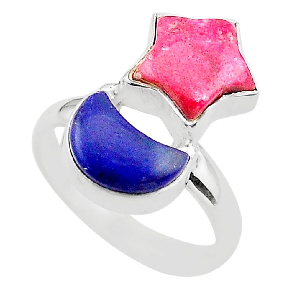 9.12cts star with moon pink thulite lapis lazuli 925 silver ring size 7.5 t68882
