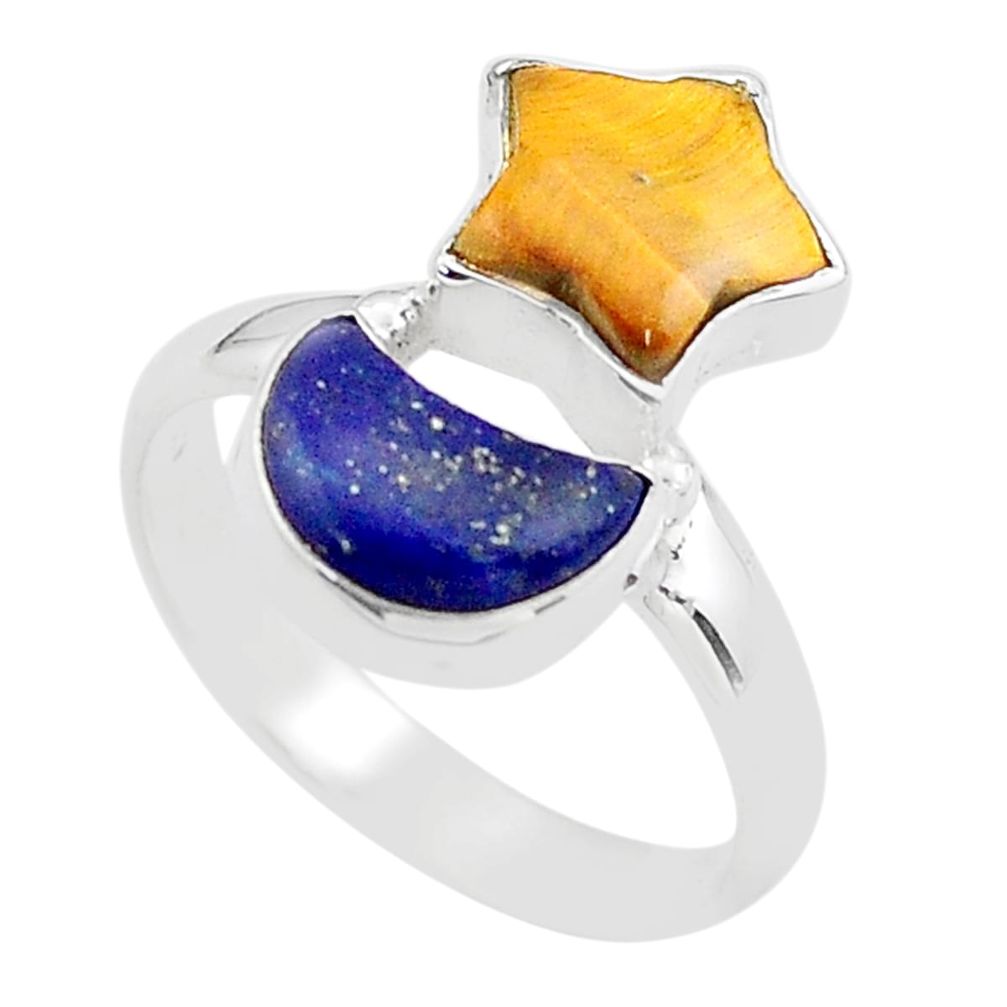 9.18cts star with moon tiger's eye lapis lazuli 925 silver ring size 8.5 t68900