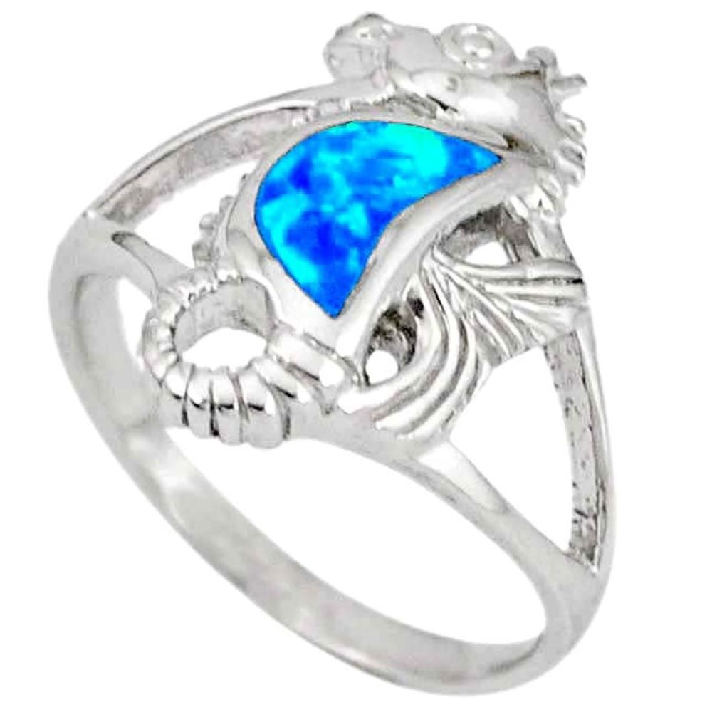 925 sterling silver blue australian opal (lab) seahorse ring size 6.5 c15789